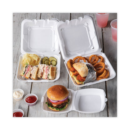 Pactiv Evergreen Foam Hinged Lid Container, Single Tab Lock, 6.38 x 6.38 x 3, White, 500/Carton