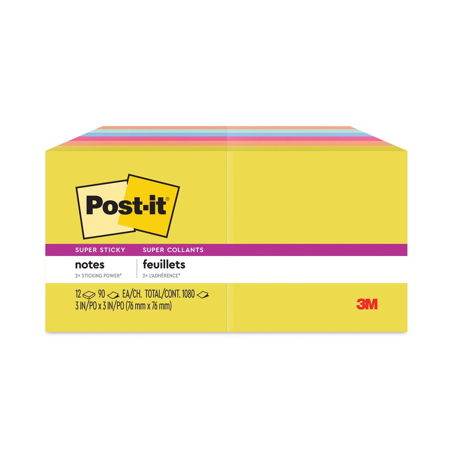 Post-it Note Pads in Summer Joy Collection Colors, 3" x 3", Summer Joy Collection Colors, 90 Sheets/Pad, 12 Pads/Pack