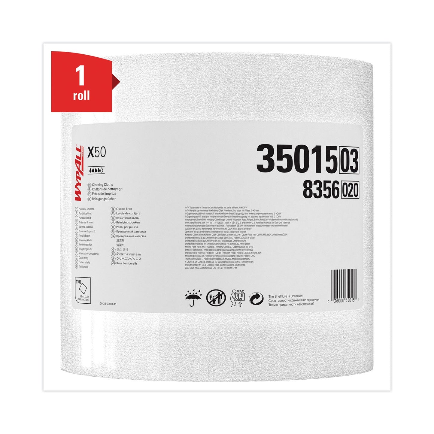 WypAll X50 Cloths, Jumbo Roll, 13.4 x 9.8, White, 1,100/Roll