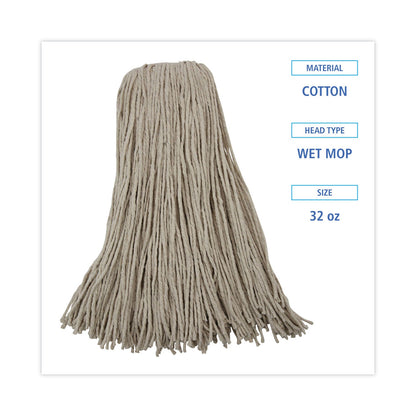 Boardwalk Mop Head, Cotton, Cut-End, White, 4-Ply, 32oz, 12/Carton
