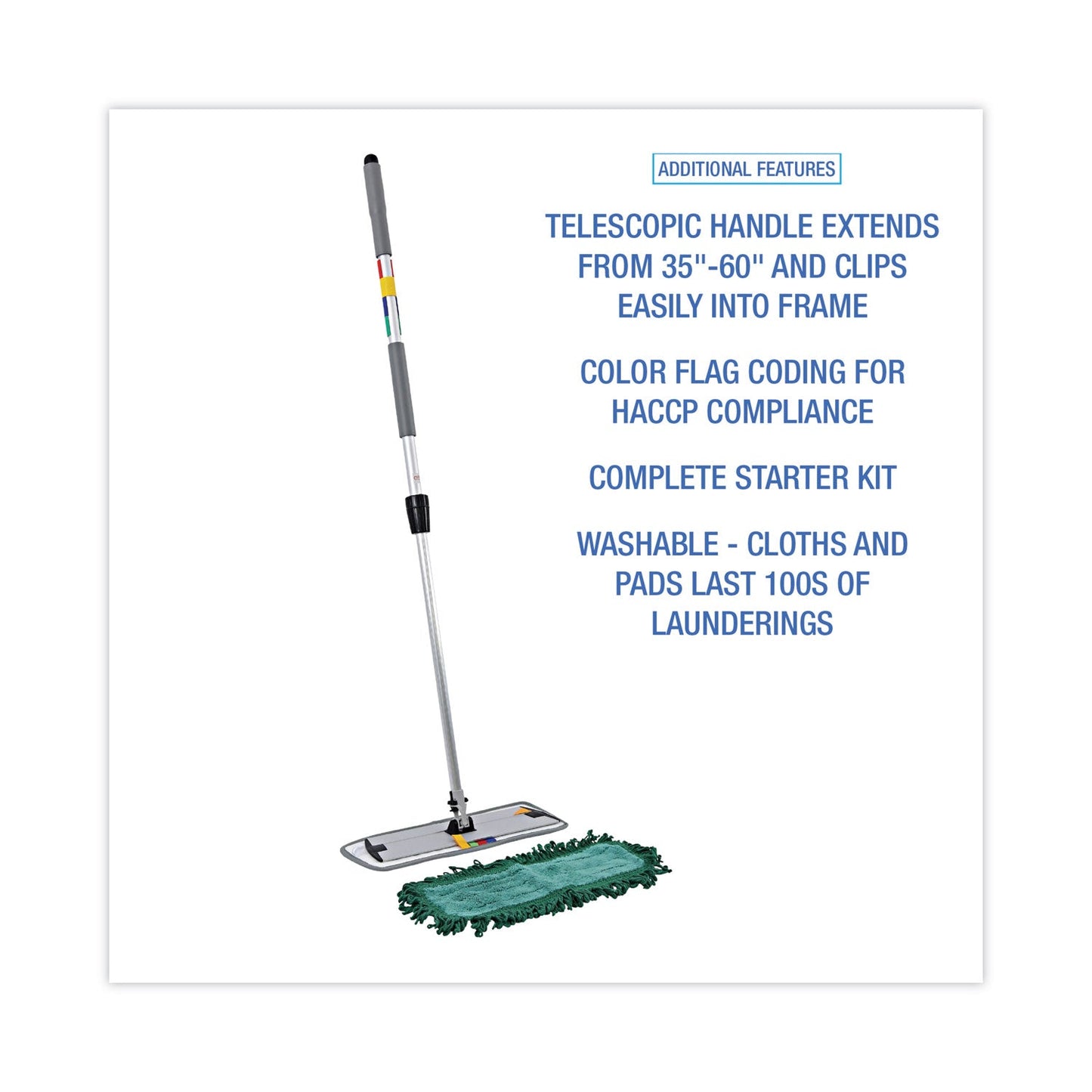 Boardwalk Microfiber Cleaning Kit, 18" Wide Blue/Green Microfiber Head, 35" to 60" Gray Aluminum Handle