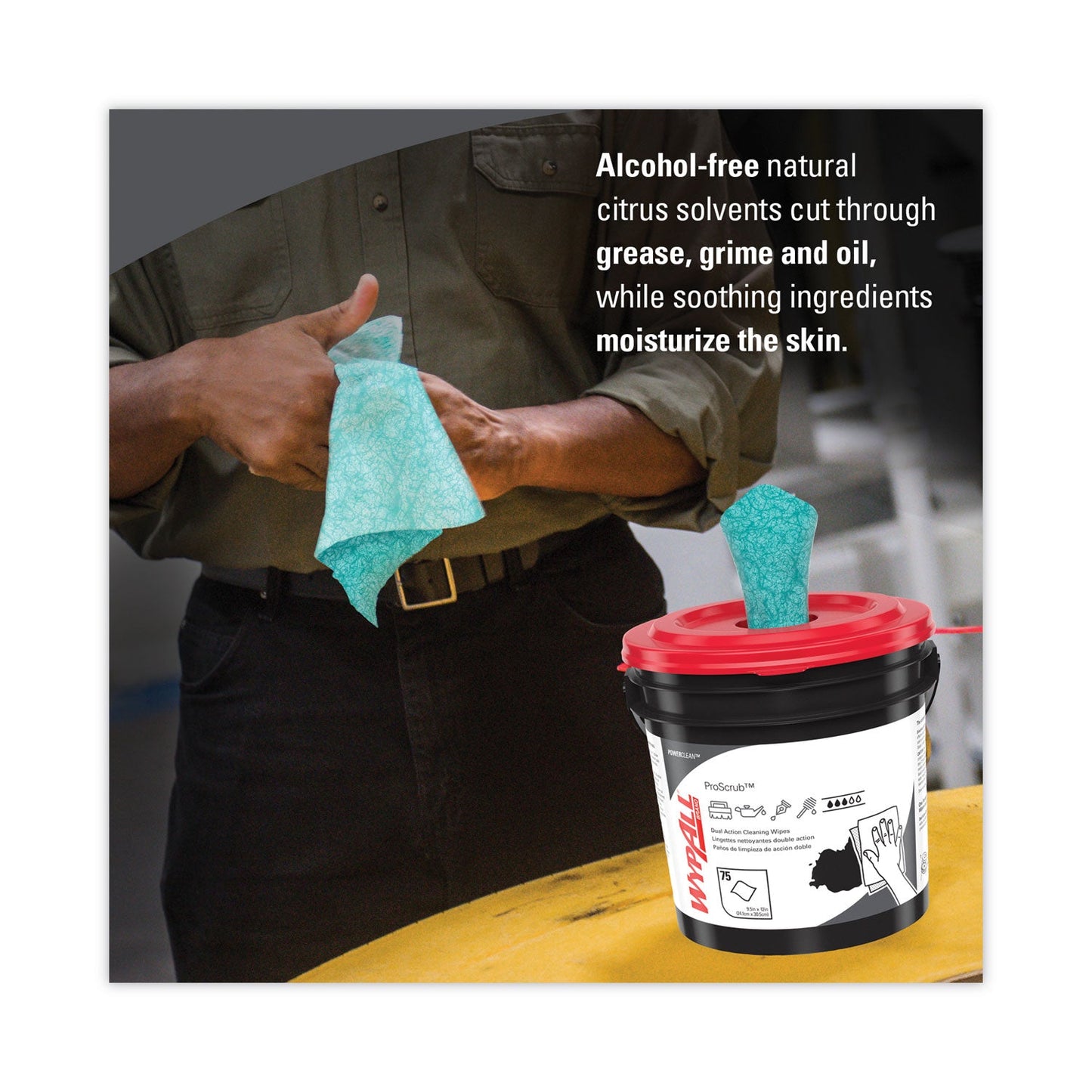 WypAll Power Clean ProScrub Pre-Saturated Wipes, 9.5 x 12, Citrus Scent, Green, 75/Bucket, 6 Buckets/Carton