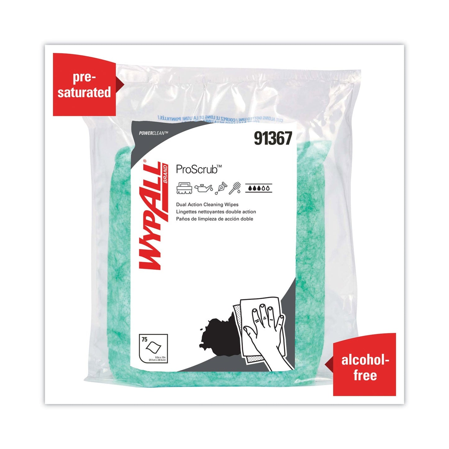 WypAll Power Clean ProScrub Pre-Saturated Wipes, 12 x 9.5, Citrus Scent, Green, 75/Pack, 6 Packs/Carton
