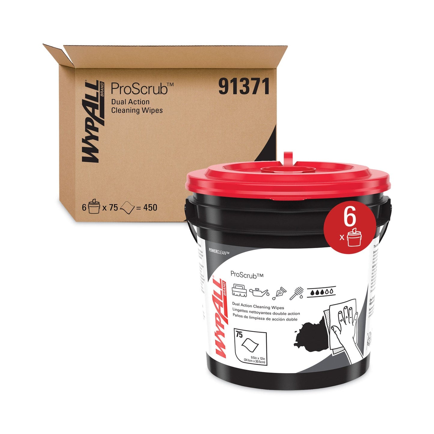 WypAll Power Clean ProScrub Pre-Saturated Wipes, 9.5 x 12, Citrus Scent, Green, 75/Bucket, 6 Buckets/Carton