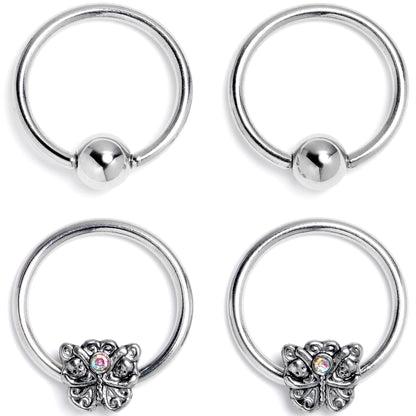 16G 3/8 Aurora Gem Butterfly Ornate BCR Captive Ring Set of 4
