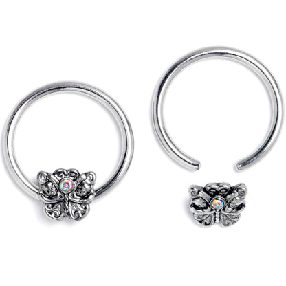 16G 3/8 Aurora Gem Butterfly Ornate BCR Captive Ring Set of 4