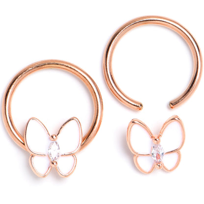 16G 3/8 Clear Gem Rose Gold Tone Butterfly BCR Captive Ring Set of 4