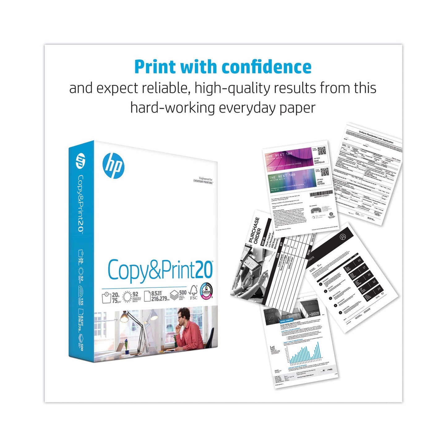 HP Papers CopyandPrint20 Paper, 92 Bright, 20 lb Bond Weight, 8.5 x 11, White, 400 Sheets/Ream, 6 Reams/Carton