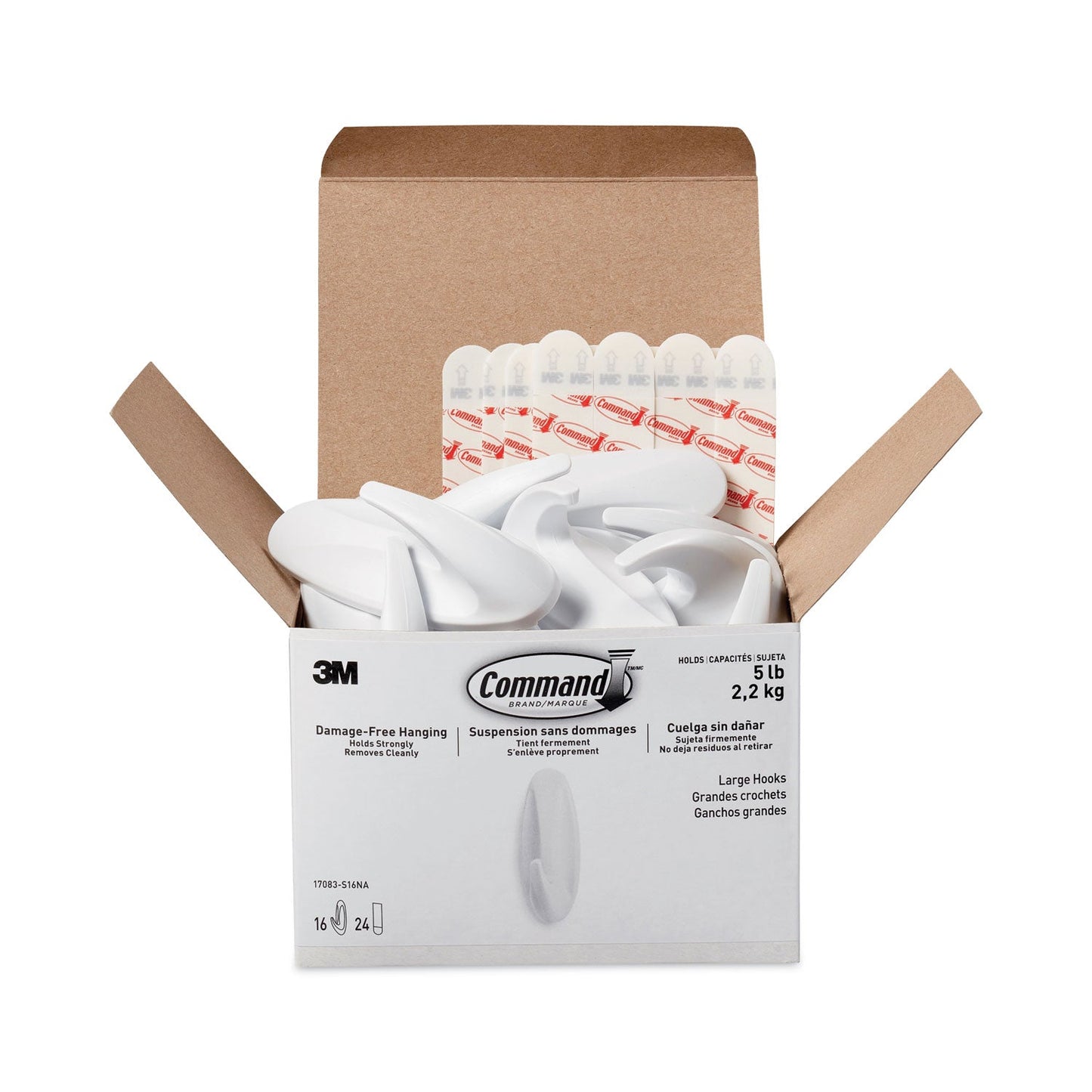 Command Designer Hooks, Plastic, White, 5 lb Cap, 16 Hooks and 24 Strips/Pack