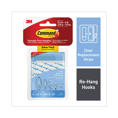 Command Assorted Refill Strips, Removable, (8) Small 0.75 x 1.75, (4) Medium 0.75 x 2.75, (4) Large 0.75 x 3.75, Clear, 16/Pack