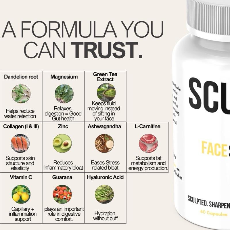 Face Sculpt - Daily Debloat Supplement with Collagen Type I & III Vitamin C Hyaluronic Acid for Skin Structure Elasticity Hydration and Energy Support