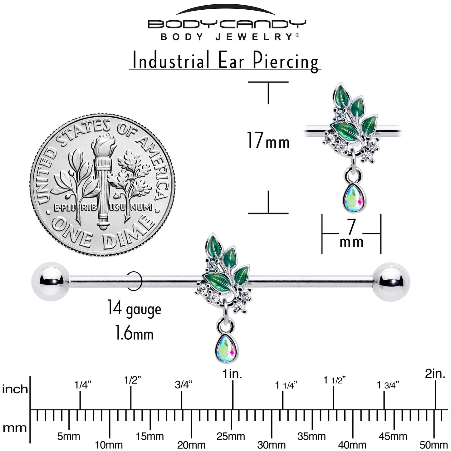 14G Aurora CZ Gem Morning Leaves Dangle Industrial Barbell 38mm