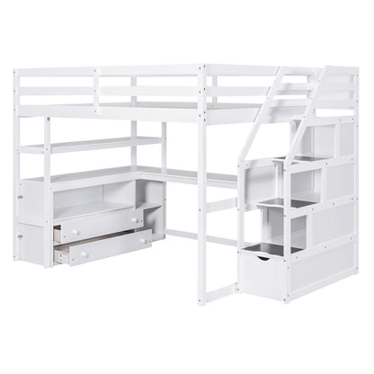 Loft Bed With Desk, Shelves, 2 Drawers, Storage Staircase