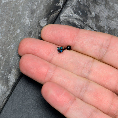 16G 1/4 Clear CZ Gem Black Lush Leaves Cartilage Tragus Earring