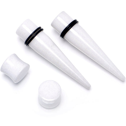 White Acrylic Shimmer Finish Taper Plug Set 6mm to 20mm Sizes