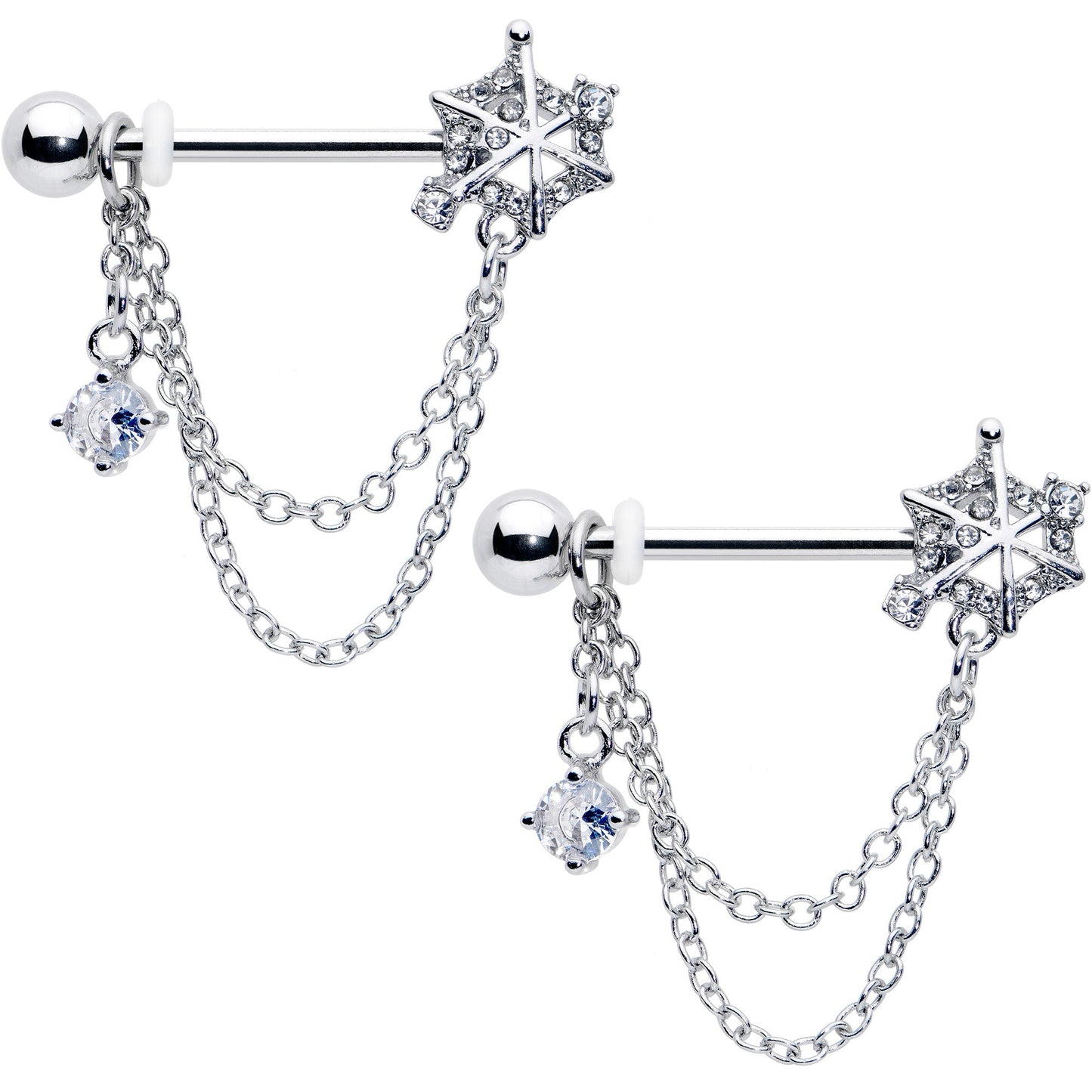 14G 9/16 Clear CZ Gem Spiderweb Chain Dangle Nipple Ring Set