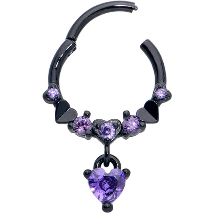 16G 3/8 Purple CZ Gem Black Love Heart Dangle Hinged Segment Ring
