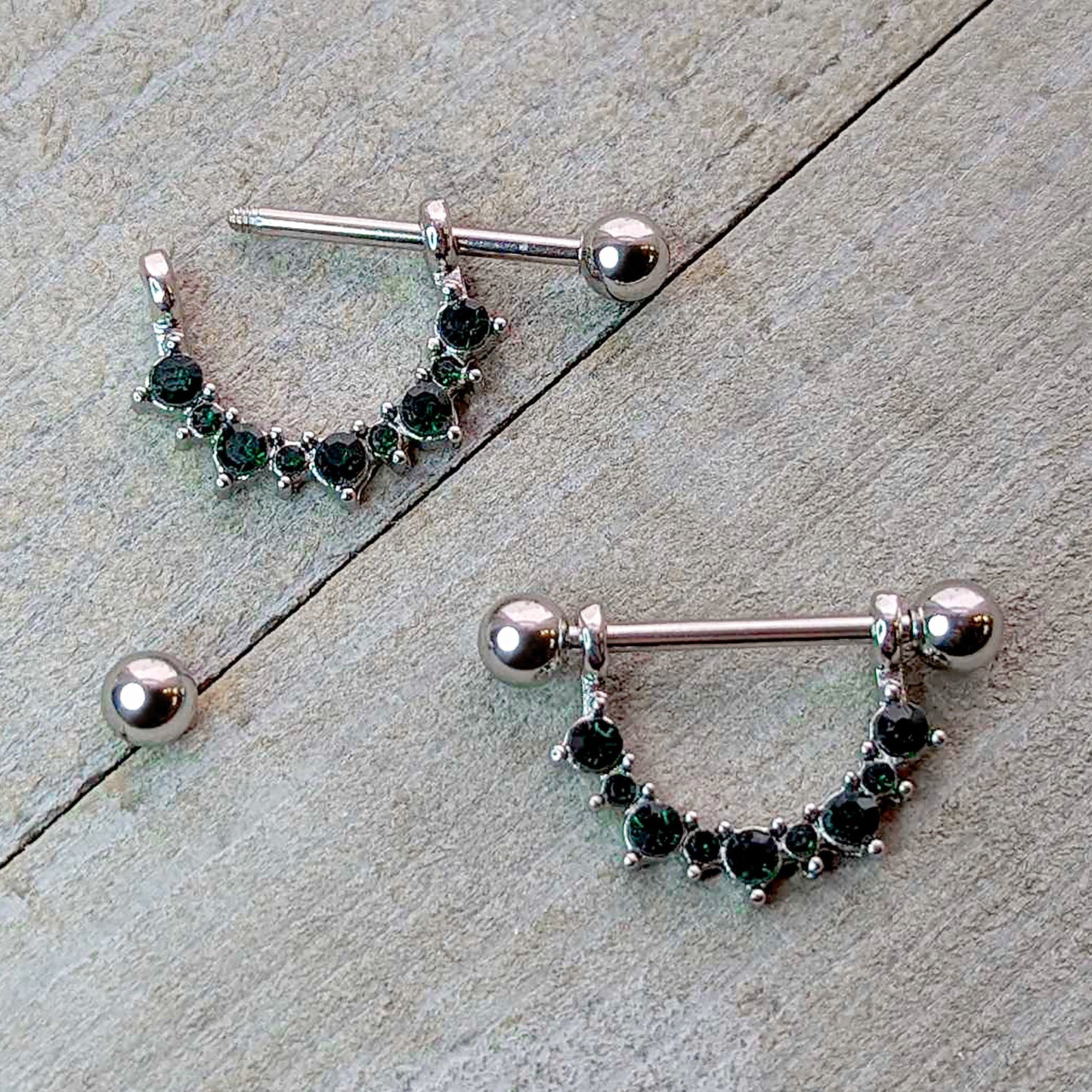 14G 9/16 Green CZ Gem May Birthstone Dangle Nipple Shield Set