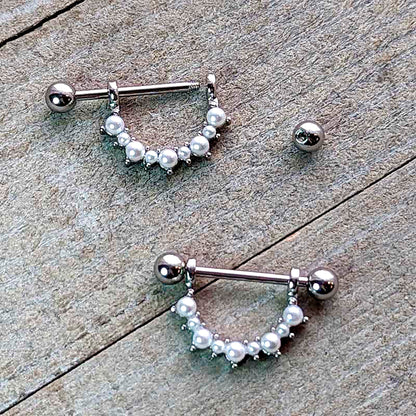 14G 9/16 White Faux Pearl June Birthstone Dangle Nipple Shield Set