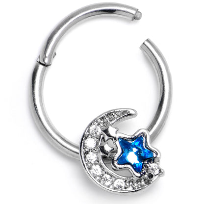 16G 3/8 Blue CZ Gem Starry Night Sky Hinged Segment Ring