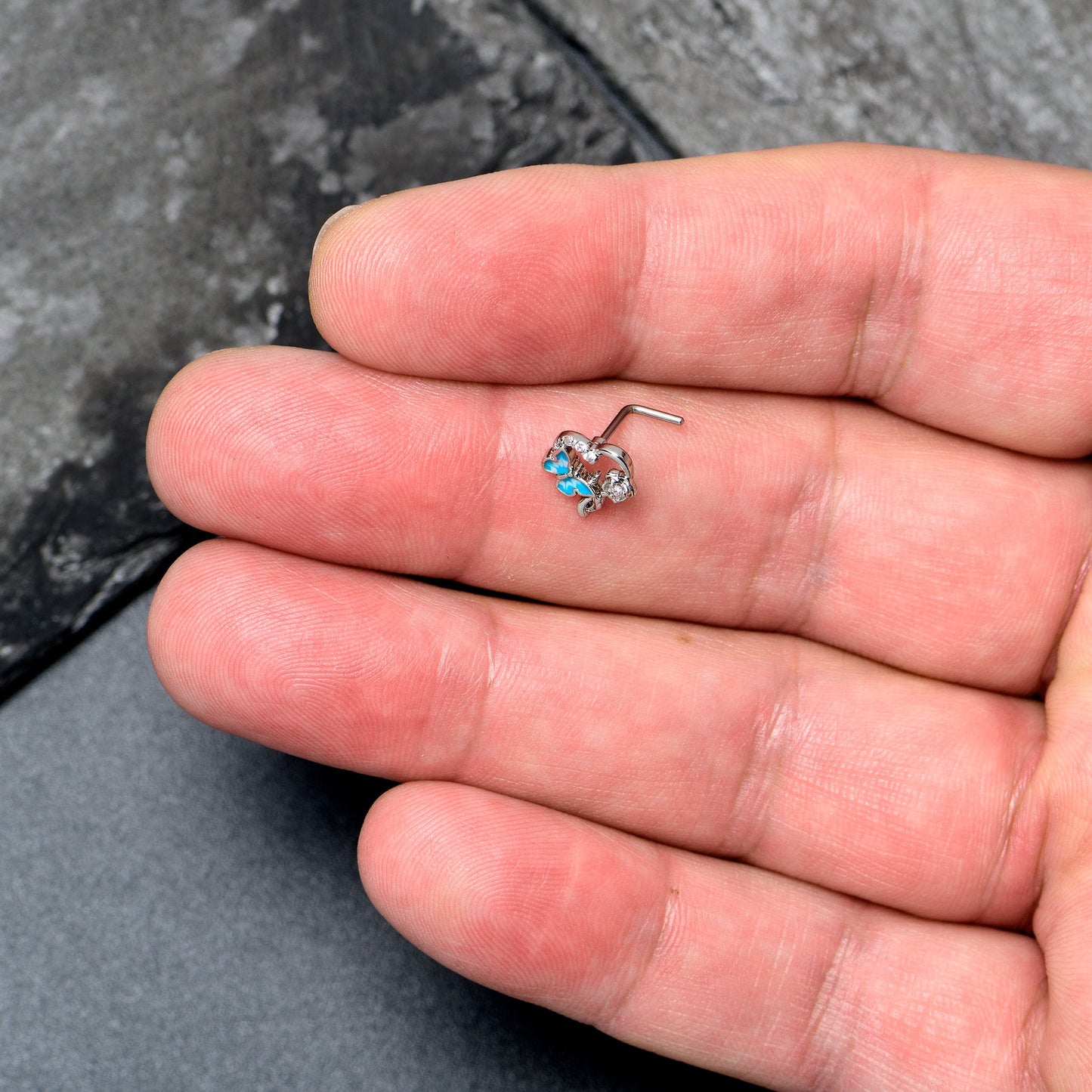 20G 7mm Clear CZ Gem Butterfly Rose Flower Blue L Shape Nose Ring