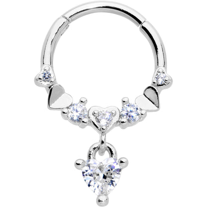 16G 3/8 Clear CZ Gem Love Heart Dangle Hinged Segment Ring