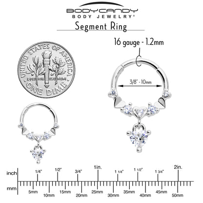 16G 3/8 Clear CZ Gem Love Heart Dangle Hinged Segment Ring
