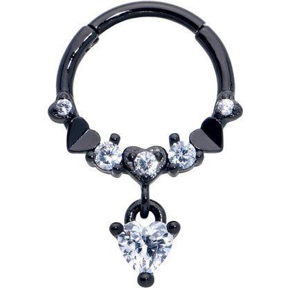 16G 3/8 Clear CZ Gem Black Love Heart Dangle Hinged Segment Ring
