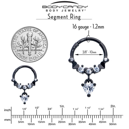 16G 3/8 Clear CZ Gem Black Love Heart Dangle Hinged Segment Ring