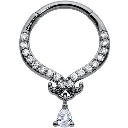 16G 3/8 Clear CZ Gem Black Elegant Curves Hinged Segment Ring