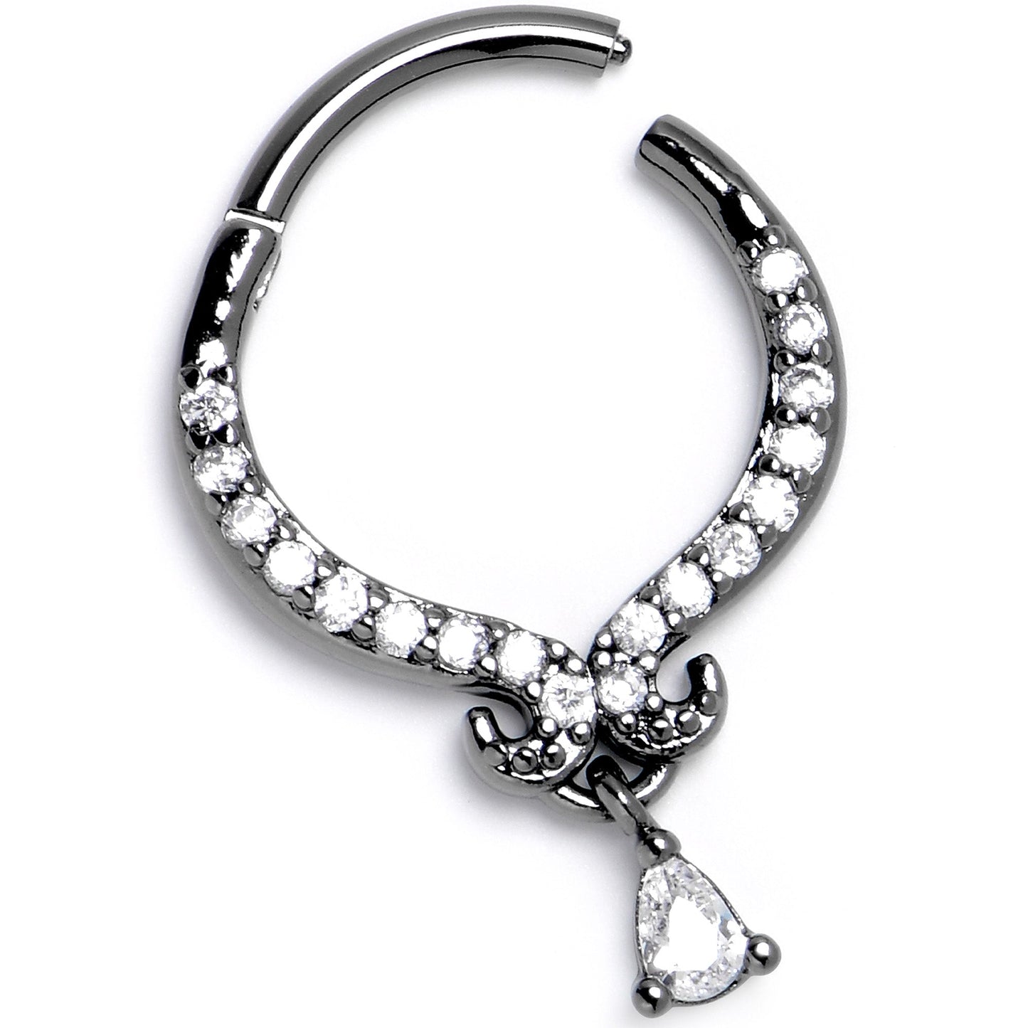 16G 3/8 Clear CZ Gem Black Elegant Curves Hinged Segment Ring