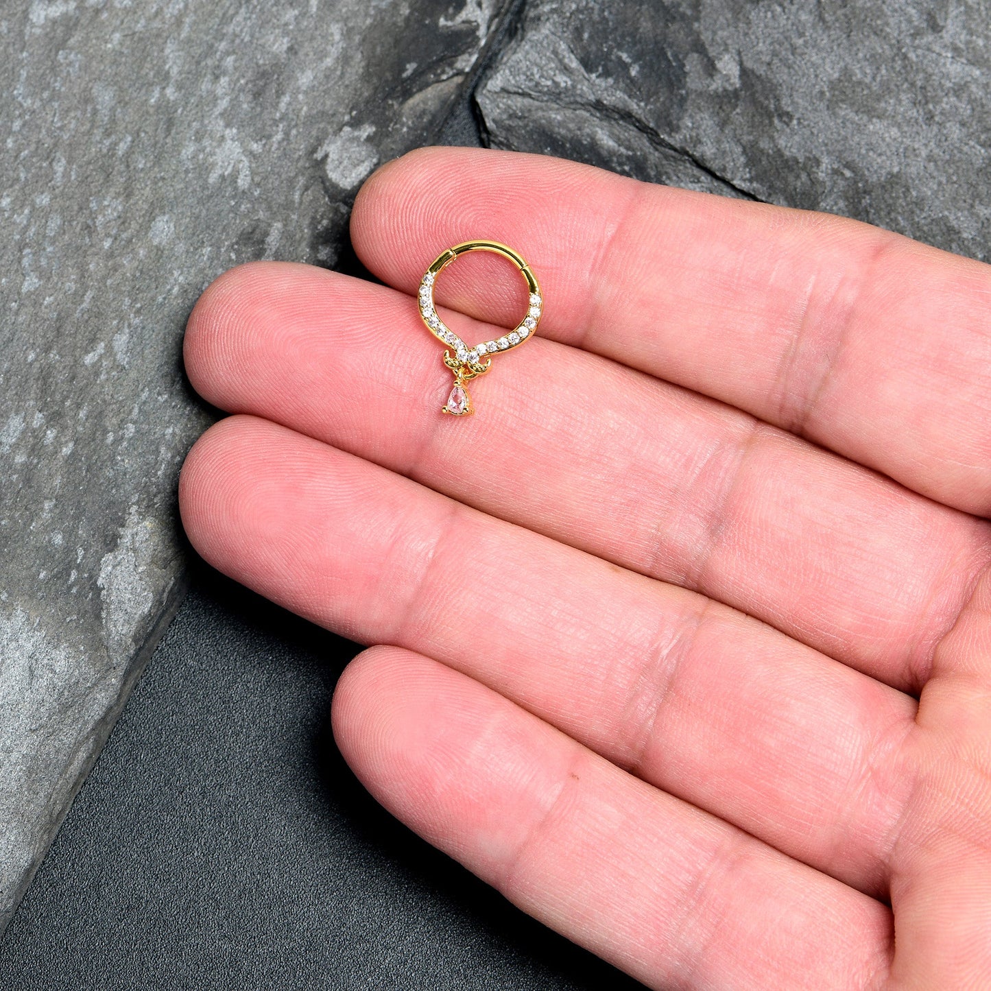 16G 3/8 Pink CZ Gem Gold Tone Elegant Curves Hinged Segment Ring
