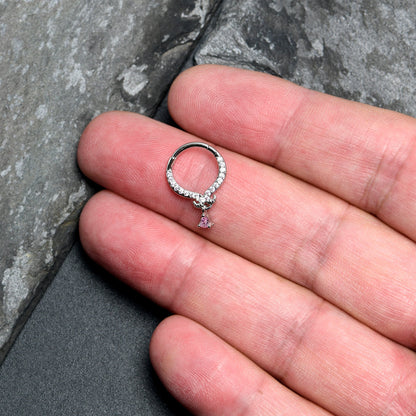 16G 3/8 Pink CZ Gem Elegant Curves Dangle Hinged Segment Ring