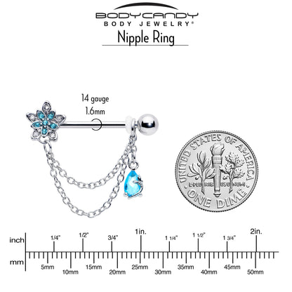 14G 9/16 Blue CZ Gem Snowflake Flower Chain Dangle Nipple Ring Set