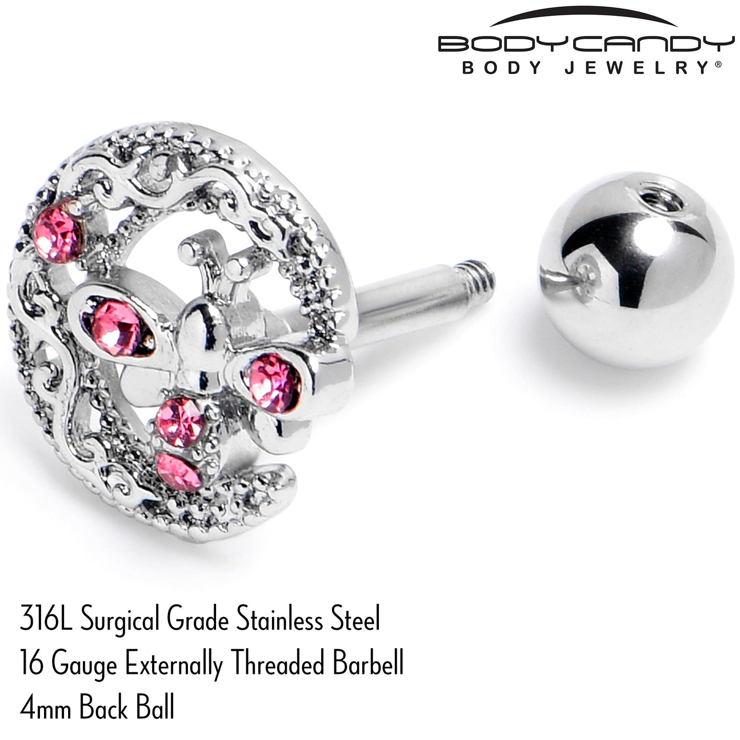 16G 1/4 Pink Gem Lunar Dragonfly Cartilage Tragus Earring
