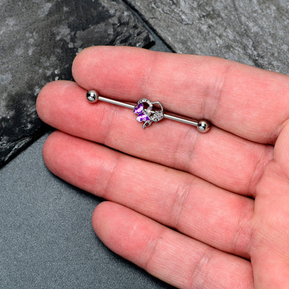 14G Clear Gem Butterfly Rose Flower Purple Industrial Barbell 38mm