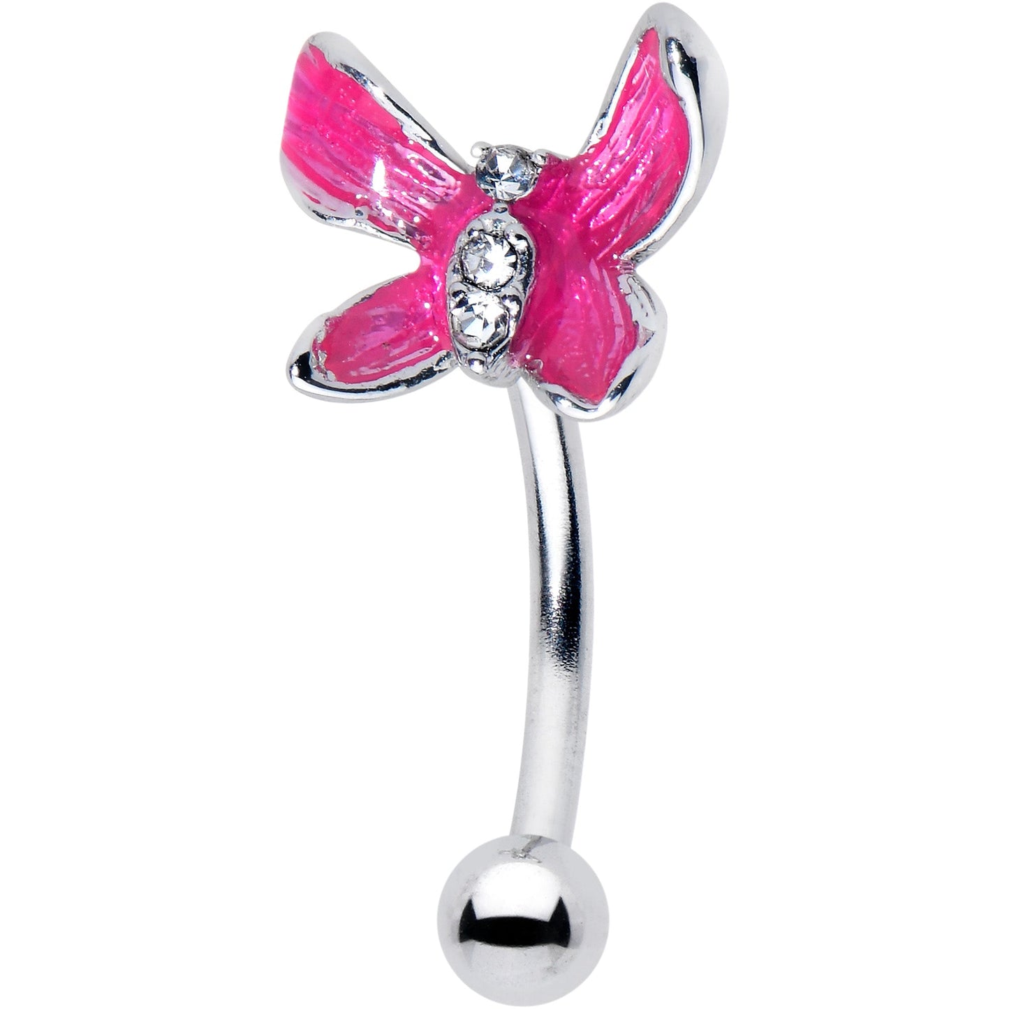 16G 5/16 Clear Gem Chunky Butterfly Pink Curved Eyebrow Ring