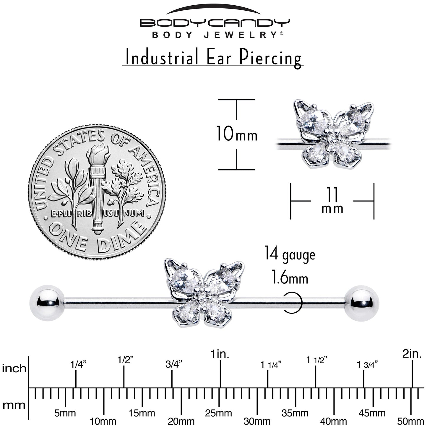 14G Clear Gem Baroque Beauty Butterfly Industrial Barbell 38mm