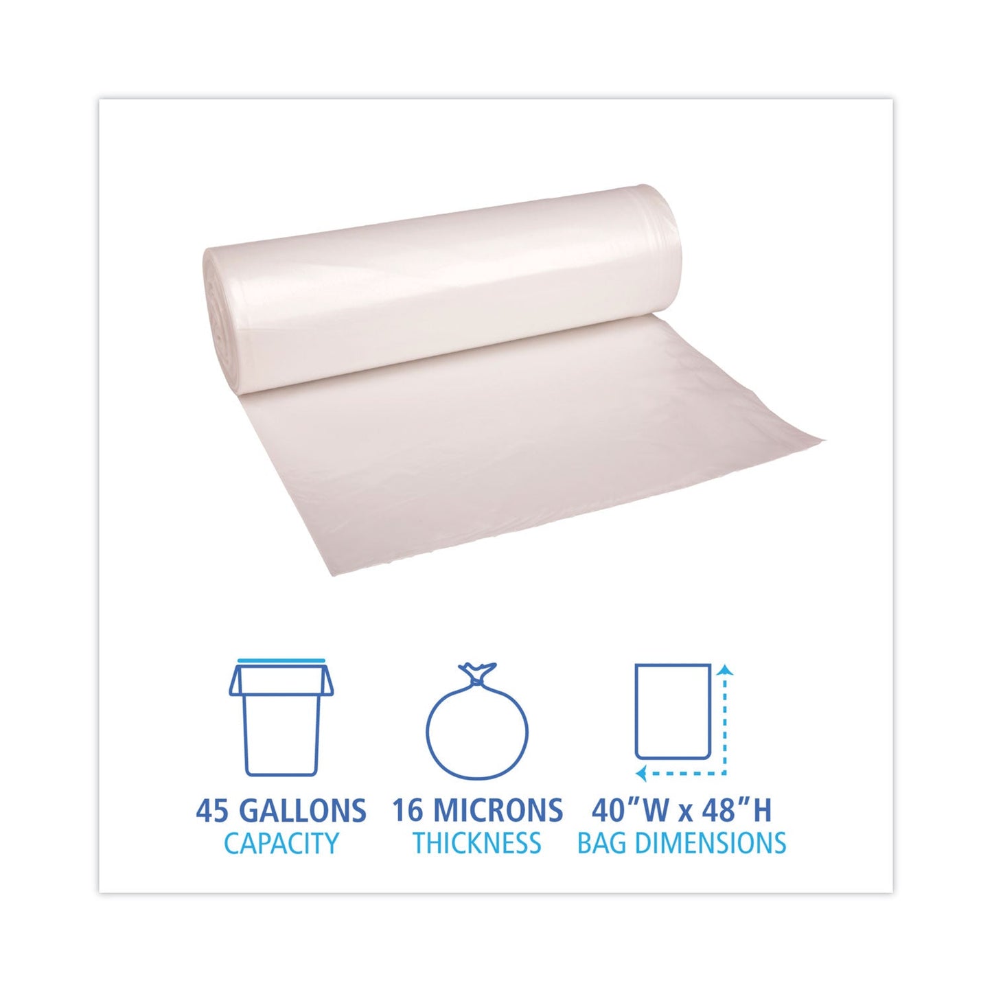 Boardwalk High Density Industrial Can Liners Coreless Rolls, 45 gal, 16 microns, 40 x 48, Natural, 10 Rolls of 25 Bags