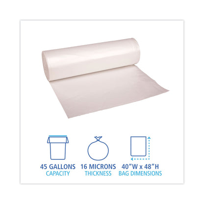Boardwalk High Density Industrial Can Liners Coreless Rolls, 45 gal, 16 microns, 40 x 48, Natural, 10 Rolls of 25 Bags