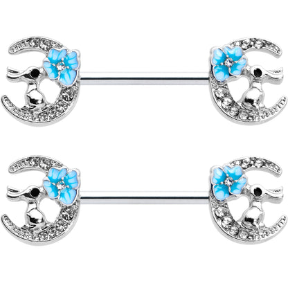 14G 9/16 Clear Gem Rabbit On Moon Flower Blue Nipple Ring Set