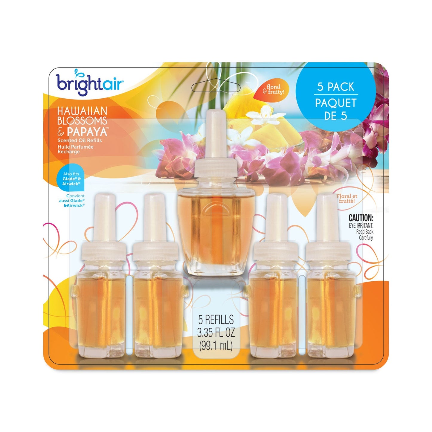 BRIGHT Air Electric Scented Oil Air Freshener Refill, Hawaiian Blossoms and Papaya, 0.67 oz Bottle, 5/Pack