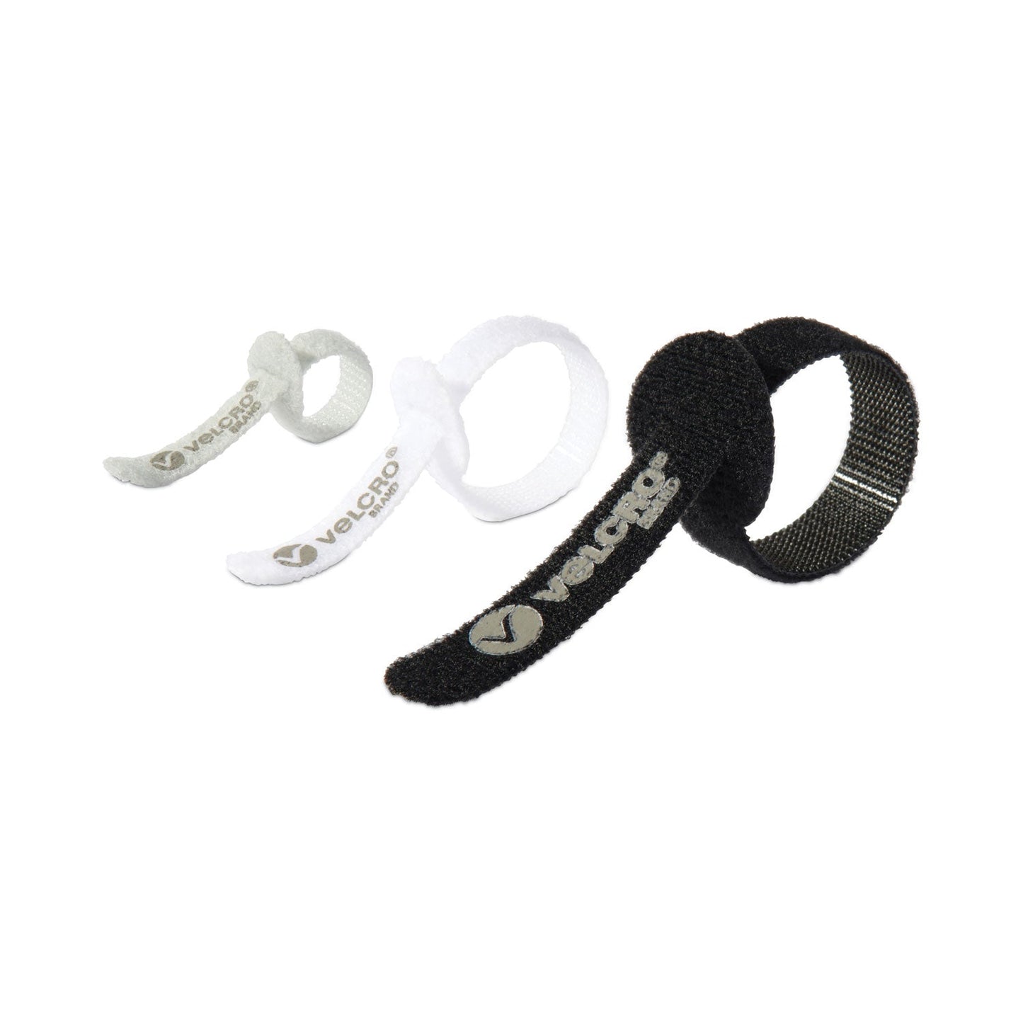 VELCRO Portable Cord Ties, (4) 3" x 0.25"/ (4) 5" x 0.38"/ (4) 7" x 0.5", Black/Gray/White, 12/Pack