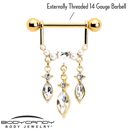 14G 9/16 Clear Gem Gold Tone Heart Triple Dangle Nipple Ring Set