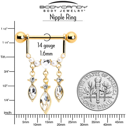 14G 9/16 Clear Gem Gold Tone Heart Triple Dangle Nipple Ring Set