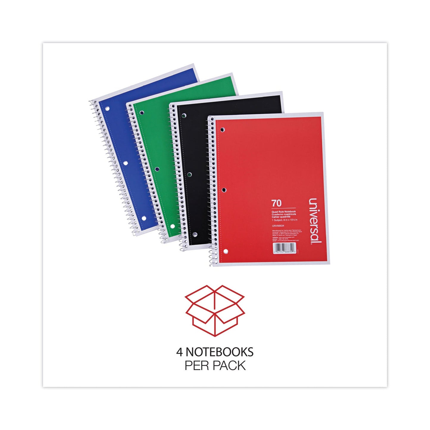 Universal Wirebound Notebook, 1 Subject, Quadrille Rule, Assorted Covers, 10.5 x 8, 70 Sheets, 4/Pack