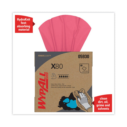 WypAll X80 Cloths, HYDROKNIT, POP-UP Box, 8.34 x 16.8, Red, 80/Box, 5 Box/Carton