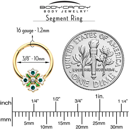 16G 3/8 Green Gem Gold Tone Flower Wreath Hinged Segment Ring