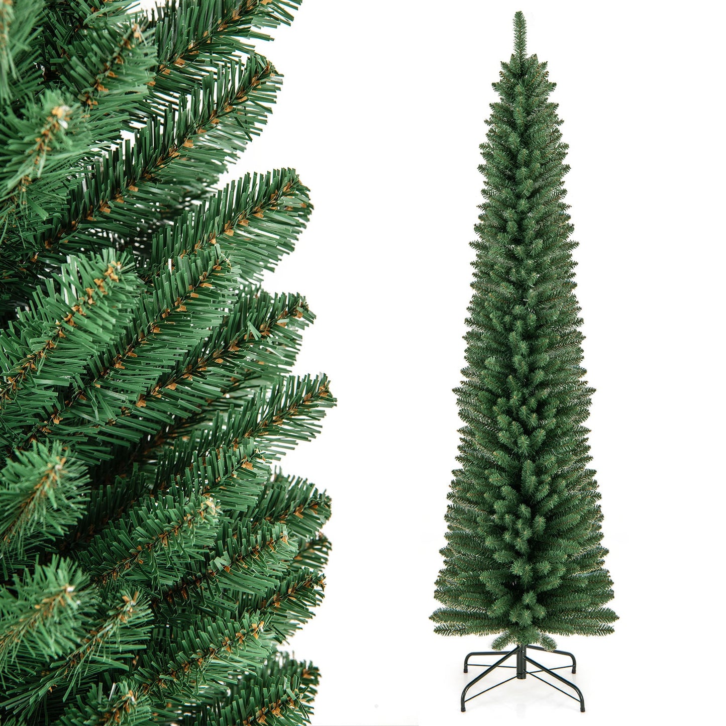 5/6/7/8 Feet Pencil Christmas Tree with 295/392/523/671 Memory Wire Branch Tips and Upgraded Metal Stand