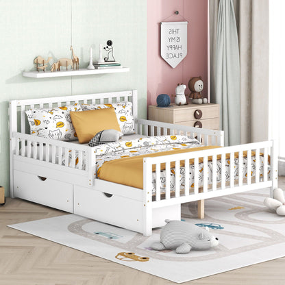 Platform Bed With Guardrails On Both Sides And 2 Storage Drawers